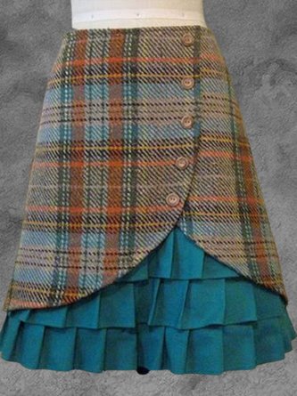 Blue Paneled A-Line Checkered/plaid Vintage Skirt
