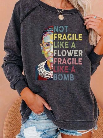 Women Casual Deep Gray Letter Printed Long Sleeve Tops
