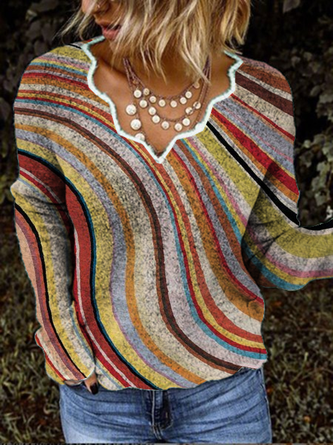 Shift Knitted Long Sleeve Stripes Tops