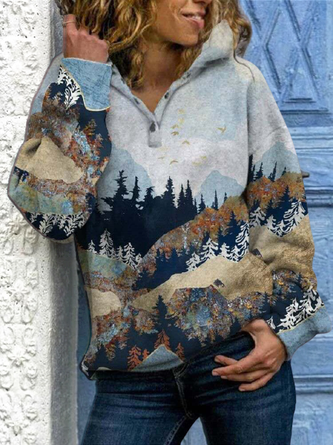 Women Casual Forest Print Long Sleeve   Hoodie Sweatshirt