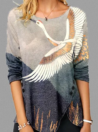 Women Casual Bird Printing Long Sleeve Shirts