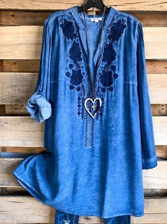 Plus Size Blue Long Sleeve  V Neck Weaving Dress
