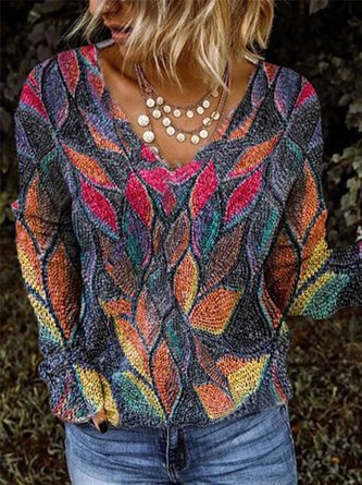 Women Casual Leaves-Print  V Neck Sweater