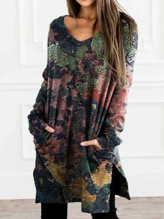 Abstract Casual Floral-Print Long Sleeve Shirts & Tops
