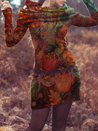 Cowl Neck Vintage Cotton-Blend Weaving Dress