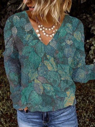 Women Casual Floral V Neck Sweaters
