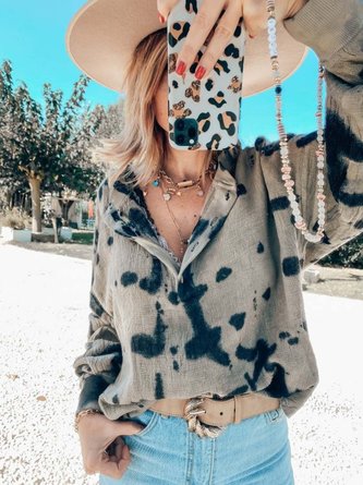 Ombre/Tie-Dye  Long Sleeve  Printed  Cotton-blend  V neck Vintage Winter Khaki Top