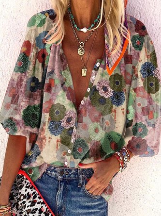 Vintage Geometric Floral Printed Plus Size Long Sleeve V Neck Casual Shirt Tops
