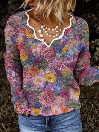 Floral  Long Sleeve Printed  Cotton-blend V neck  Vintage  Winter  Pink Top