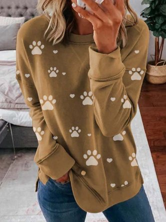 Long Sleeve  Printed  Cotton-blend  Crew Neck  Casual  Winter Camel Top