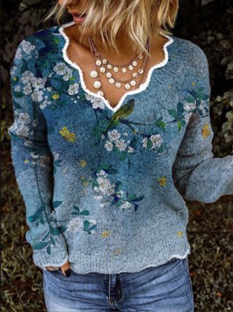 Floral  Long Sleeve  Printed  Cotton-blend  V neck  Vintage  Winter  Blue Top
