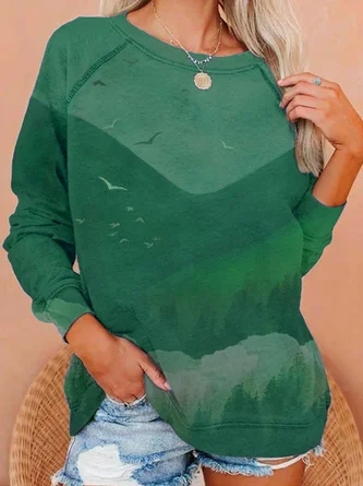 Women Casual Green Long Sleeve Sweatshirt