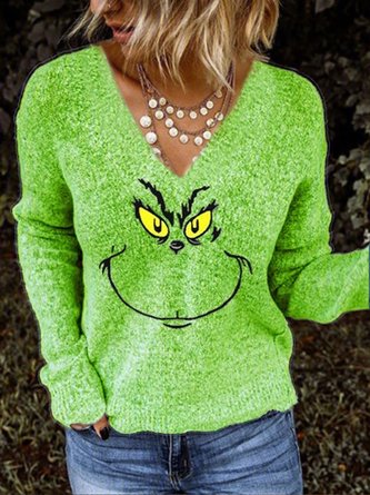 Women Christmas Grinch V Neck Green Sweater