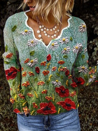 Women Vintage Plus Size Floral Print Long Sleeve V Neck Sweater