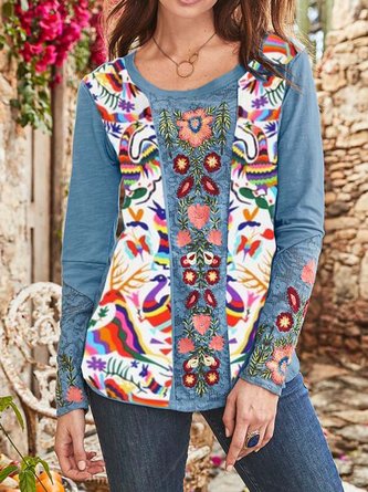 Boho Floral Long Sleeve Round Neck Shirts & Tops