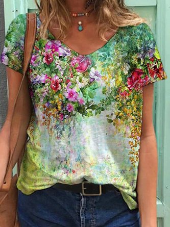 Women Casual Colorful Flower Painting Shift Short Sleeve Shirt