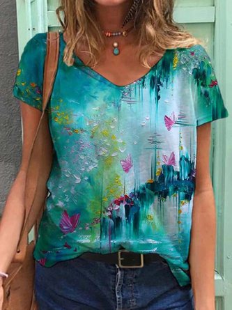 Women Flower Painting V Neck Casual Shift T-Shirts