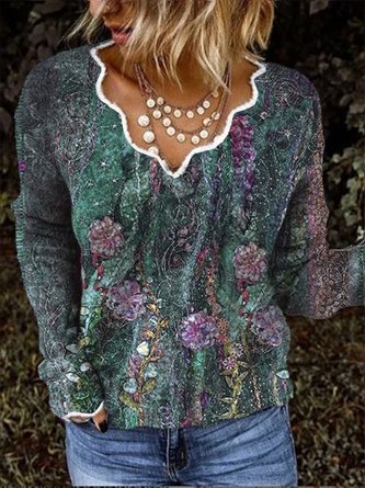 Casual Floral Cotton Blend Long Sleeve Vintage Sweater