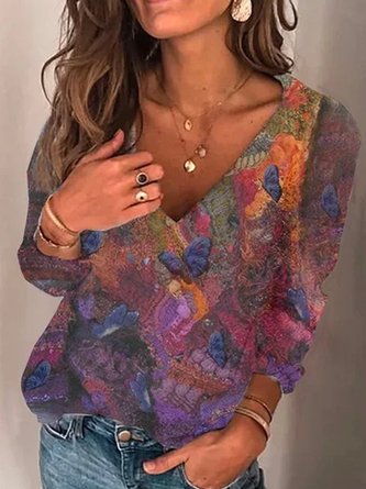 Woman Butterfly Print Floral Cotton Blend V-neck Sweater