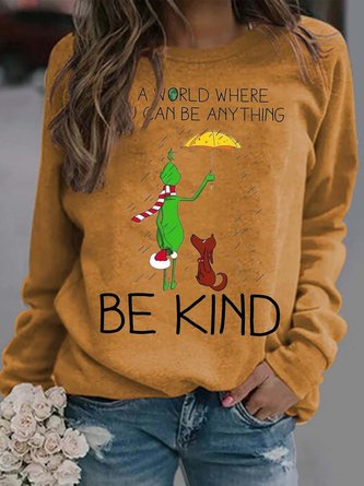Long Sleeve  Printed  Cotton-blend  Crew Neck  Casual  Winter  Brown Top