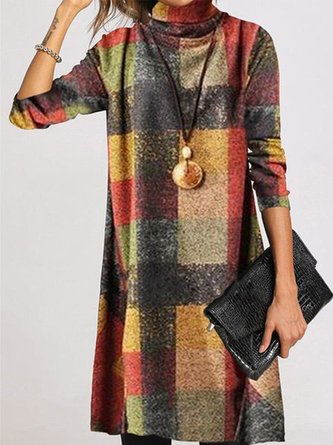 Vintage Plaid Long Sleeve Turtleneck Plus Size Casual Knitting Dress