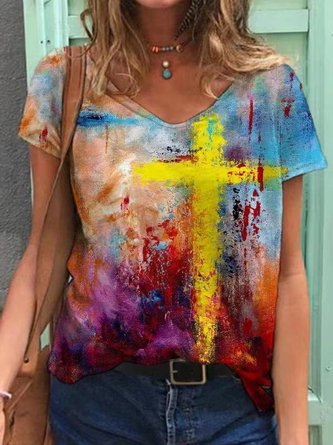 Casual Ombre/tie-Dye V Neck Floral-Print Short Sleeve Tops