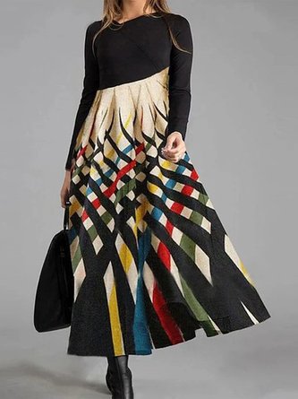 Long Sleeve Color Block Print Fall Winter Casual Rainbow Maxi long Dress