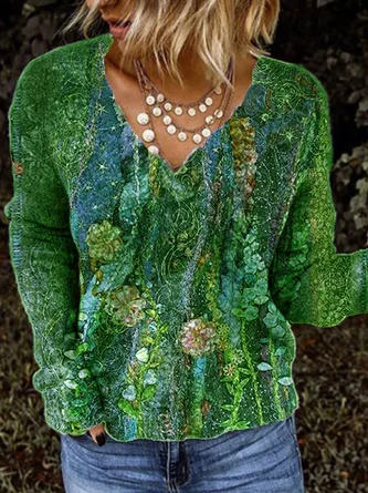 Women Casual Green Floral-Print Long Sleeve Shirts