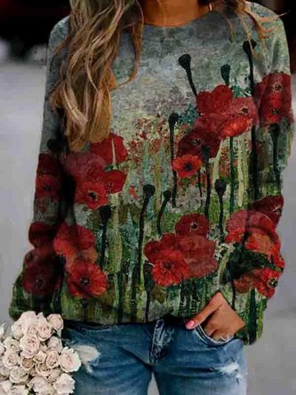 Women Vintage Flower Print Crew Neck Sweatshirt
