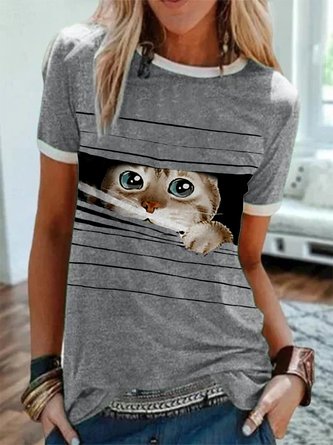 Printed Short Sleeve  Cat Daily Casual Shirts & Tops