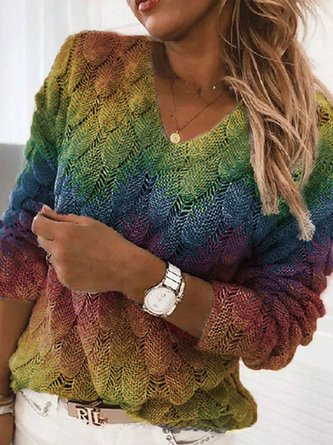 Women Casual V Neck Multicolor Leaves Sweaters
