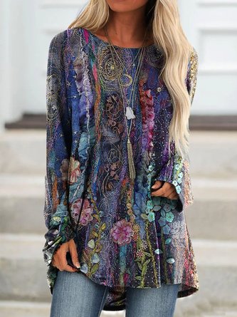 Casual Floral-Print Long Sleeve Tops