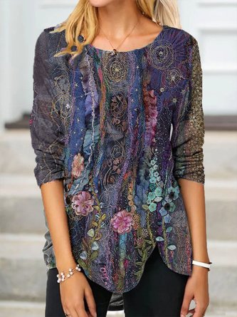 Casual Floral-Print Crew Neck Floral Shirts & Tops