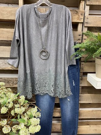 Round Neck Cotton-Blend Long Sleeve Top