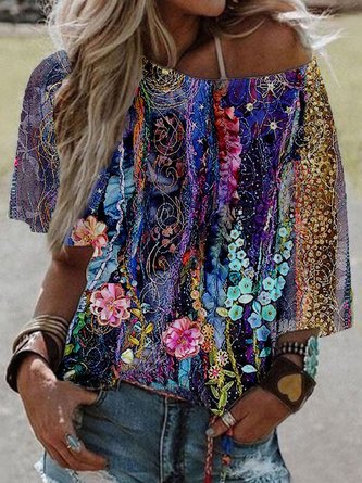 Casual Abstract Round Neck Short Sleeve Shirts & Tops