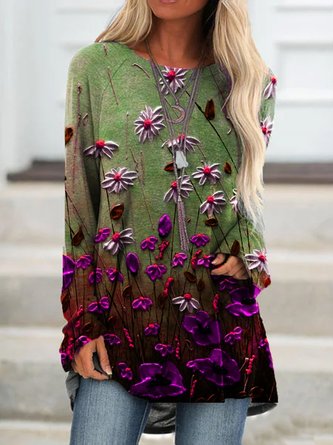 New Women Chic Purple Plus Size Boho Holiday Floral Vintage Casual Shift Tops