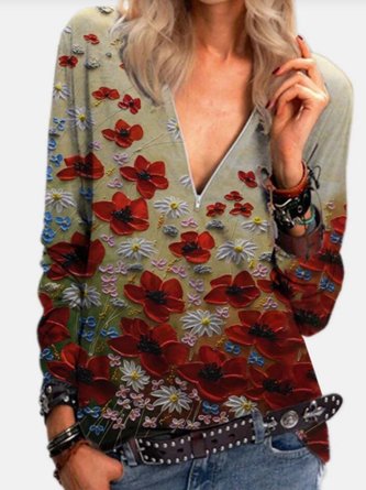 Floral Long Sleeve Printed  Cotton-blend  V neck  Casual  Winter  Red Top