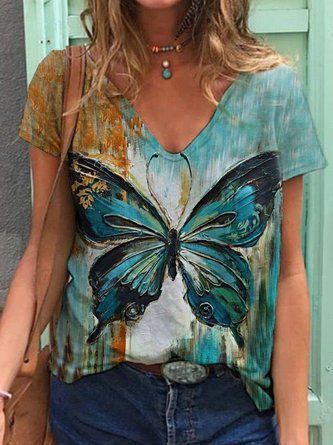 Butterfly V Neck Floral-Print Casual Shirts & Tops