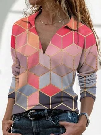 Geometric Casual Collar Long Sleeve Blouses