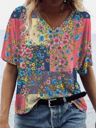 Women Cotton-Blend Floral Print Short Sleeve Vintage T-Shirts
