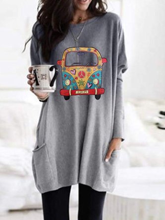 Plus Size Casual Printed Shift Long Sleeve Shirts & Tops