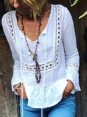 Casual V Neck Solid Long Sleeve Tops