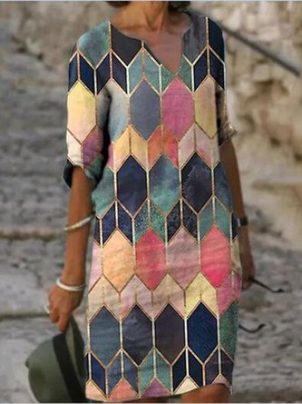 Women Vintage Geometric Short Sleeve Dresses