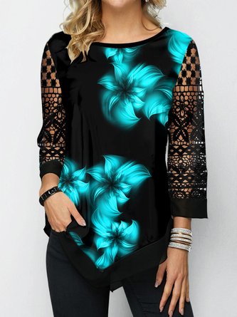 Vintage Floral Geometric Printed Lace Plus Size Long Sleeve Crew Neck Casual Tops
