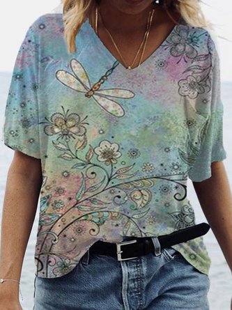 Vintage Dragonfly Printed Plus Size Short Sleeve V Neck Casual Tops