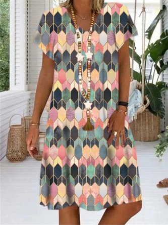 Geometric Printed Short Sleeve  A-line Dresses