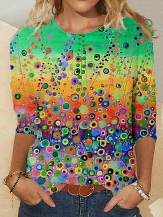 Women Casual Multicolor Graffiti Printed Crew Neck Shirts