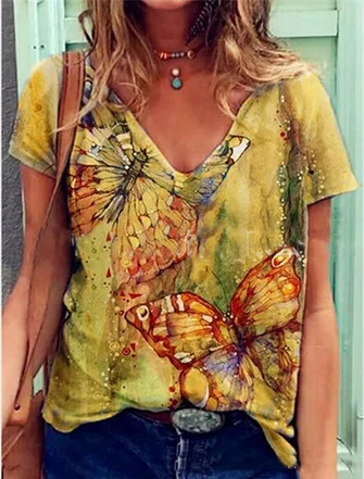 Retro butterfly print short-sleeved Shirts & Tops