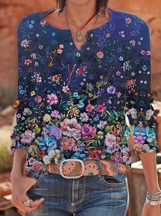 Floral  Long Sleeve  Printed  Cotton-blend  V neck Top