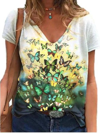 Women Casual V Neck Butterfly Printed Short Sleeve Shirts